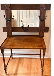Mission Style Mirror And Small Vintage Walnut Accent Table