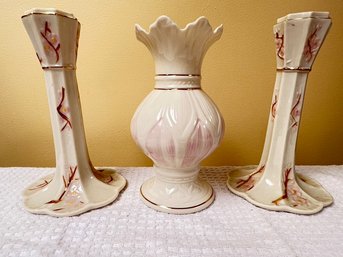 Belleek Matching Candlesticks And Center Vase