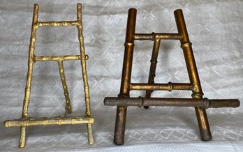 Vintage Lot Faux Bamboo Metal Table Top Easels - Art Or Plate Holders - Gold Brass Tone