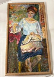 Handmade Multicolour Oil On Canvas  Painting Of A Beautiful Girl In Wooden Frame     B2