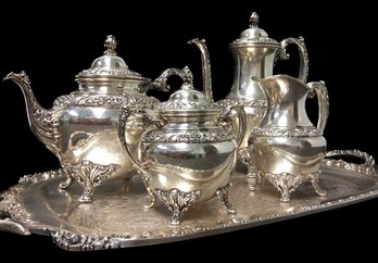 1847 ROGERS BROS SILVER PLATE COFFEE & TEA SET:  Tray, Creamer & Sugar Bowl, Holloware International Vintage