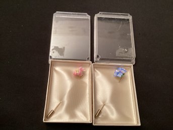 2 Pretty Vintage Floral China Stick Pins In Original Boxes