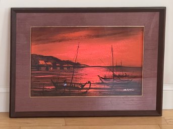 Vintage Fishing Boats Painting By NK Kampan (Thai Artist), Framed