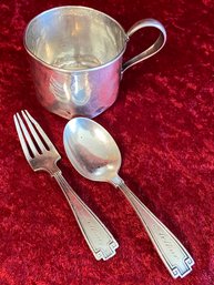 Sterling 925 Marked 85 Grams Baby Cup, Fork And Spoon