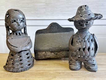 Pair Of Woven Metal Sculptures Of Boy And Girl & Embossed Metal Mailbox