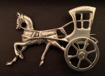 Vintage Horse Buggy Carriage Cart Brooch Pin Wheels Turn - Silver Tone
