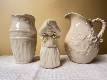 Belleek, Larger Milk Or Cream Pitcher, Darling Maiden Pitcher For Syrup, With A Vase For The Table