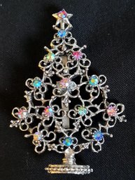 Silvery Holiday Tree Brooch Decorated In Pastel Color Crystals