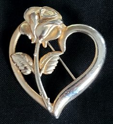 Vintage Rose In Heart Gold Tone Princess Diana Memorial Brooch