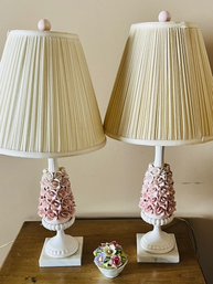 A Pair Of Capodimonte Style Floral Lamps - Shades  And Sweet Ceramic Accent Piece