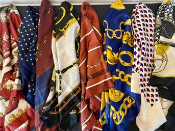 Lot Of Eight Assorted Silk And Polyester Scarves, Including Christian Dior, Hermes, Cartier