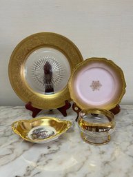 Vintage Gold Trimmed Plate, Pink & Gold Limoges France, Small Pikard Plate & Gold Trimmed Glass Jar