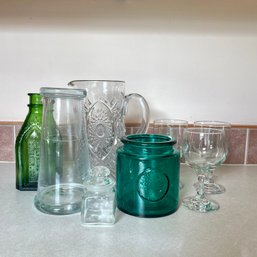 Mixed Lot Glassware Pitcher, Green Glass And More