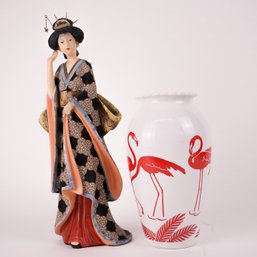 Japanese Figure And Interesting Milkglass Vase With Flamingos