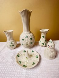 Belleek, Sperrin Vase, Bud Vases, Ring Holder, And A Snowman For Fun!