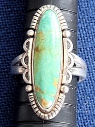 Vintage Southwestern Design Long Oval Turquoise & Sterling Silver Ring