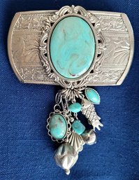 Statement Southwestern Design Hair Barrette With Faux Turquoise - Made In France