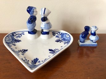 Delft Blue Dutch Boy & Girl Kissing Heart Dish Plus Miniature Kissing Figures