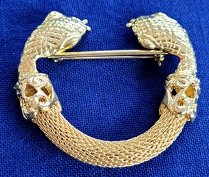 Double Snake Head Gold Tone & Mesh Vintage Brooch