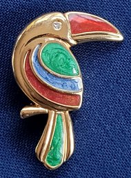 Vintage Colorful Gold Tone And Enamel Toucan Bird Brooch