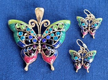 Nice Colorful Enamel & Crystal Butterfly Pendant And Earring Set