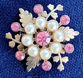 Vintage Sweet & Delicate Pink Crystal Rhinestone  And Pearl Flower And Leaf Brooch