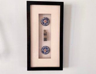 Framed Asian Stamp & Porcelain Inkwell Dish Display