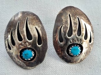 Native American Navajo Sterling Silver Bear Claw Paw & Turquoise Earrings