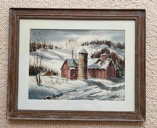 Rhodes Signed Watercolor Farmstead Winter Landscape