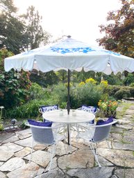 Very Special Vintage Blue & White Outdoor Dining Ensemble With Frontgate Umbrella