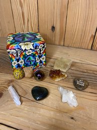 Crystals And Stone With Vintage Mushroom Clay Mold Box