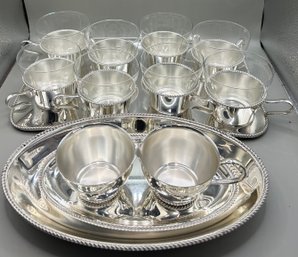 Vintage Schott Mainz Jena Style Silver Tone Teacups W/ Mirrored Tray & Cream And Sugar Set W/ Mirrored Trays