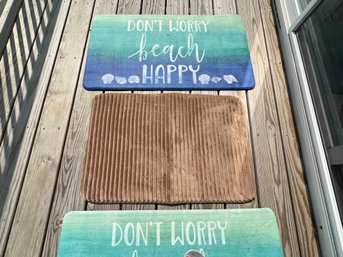 Pair Of Don't Worry, Be Happy, Floor Mats, With Brown Plush Floor Mat