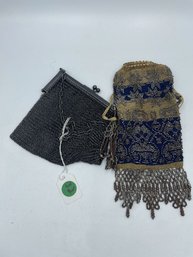 A 19TH CENTURY BEADED PURSE WITH A REAL GUNMETAL CHAINMAIL BAG