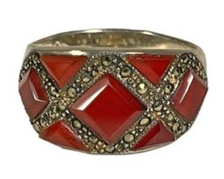 Sterling Silver Ladies Ring Having Carnelian And Marcasite Stones Size 9.5