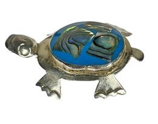 Vintage Sterling Silver Turquoise And Abalone Shell Turtle Brooch Pin