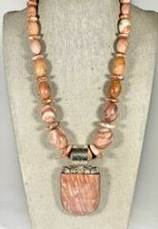 Large Pink Stone Beaded Necklace And Large Pendant