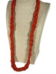 Braided Orange Coral Beaded Necklace Multi Strand 28' Long