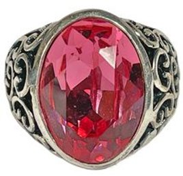 White Gold Plated Ladies Ring With Large Pink Stone Filigree Setting Size 8