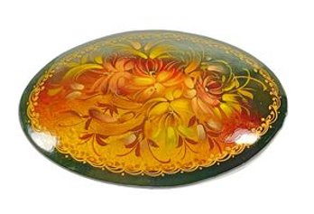 Russian Signed Lacquer Brooch Having Floral Decoration