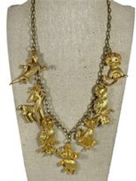 Gold Tone Vintage Charm Necklace With Animals