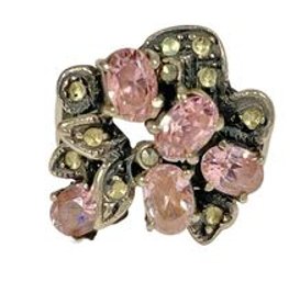 Pink And Marcasite Stone Contemporary Sterling Silver 925 Ring Size 6.5