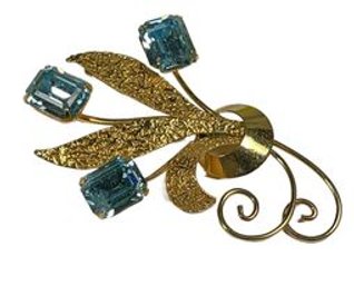 Van Dell Vintage Gold Filled Floral Spray Brooch With Blue Stones