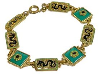 Art Deco Enamel Green Onyx Stone Link Bracelet With Dragons 1920s