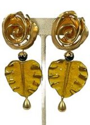 Gold Tone And Art Glass Couture Earrings Ear Clips