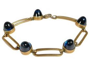 Vintage Deco Gold Filled Link Bracelet Having Dome Shaped Cabochon Blue Stones