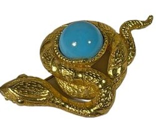 Designer Gold Tone Snake Brooch Pin Turquoise Plastic Cabochon Stone