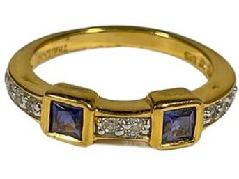 Gold Over Sterling Silver Ring Having Square Blue And White Stones Size 7.5