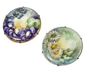 Two Large Victorian Hand Painted Porcelain Round Belt Buckles Flowers