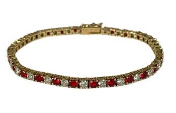 Gold Over Sterling Silver Red And White Stone Tennis Bracelet